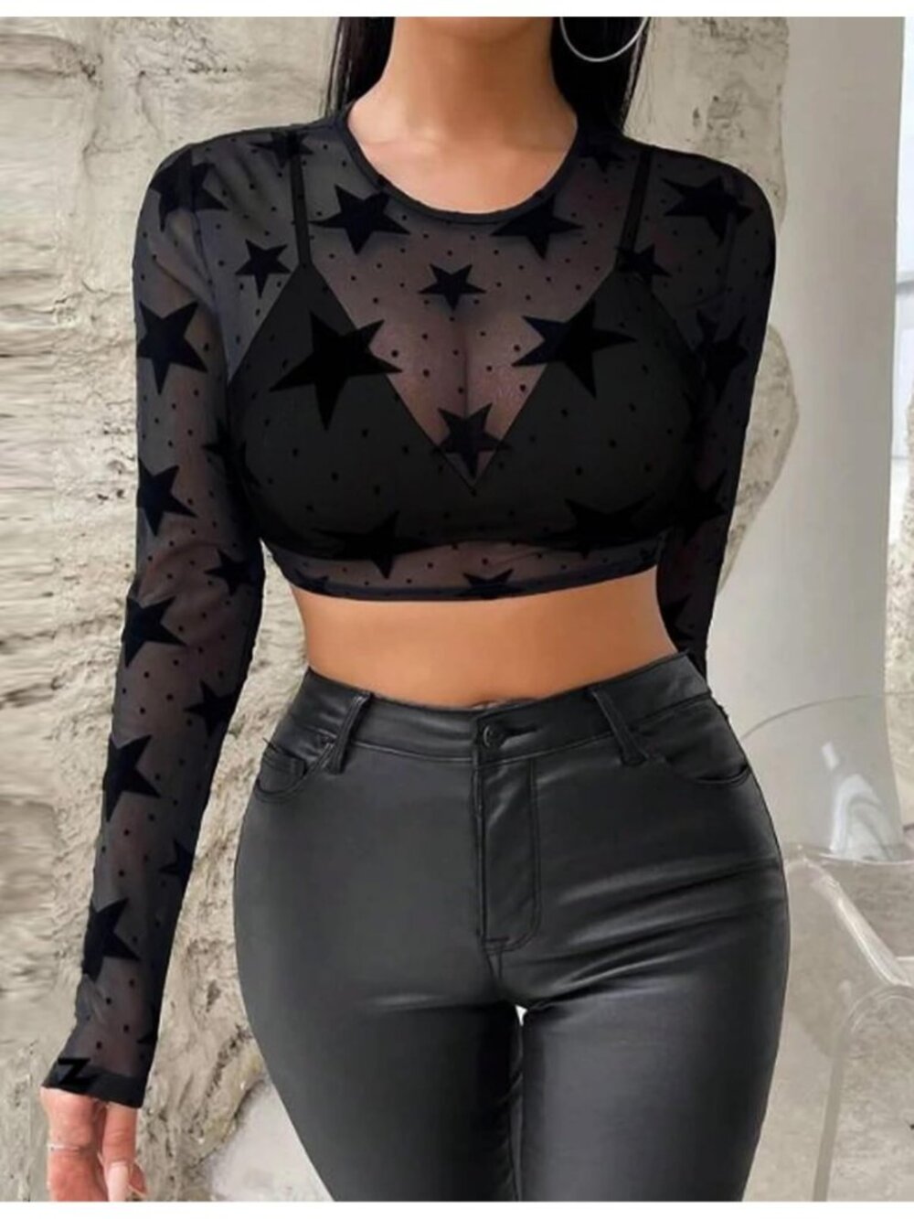 Women's C-Black Sexy Crop Top Mesh Long Sleeve See Through Clubwear Sheer - Picture 3 of 6
